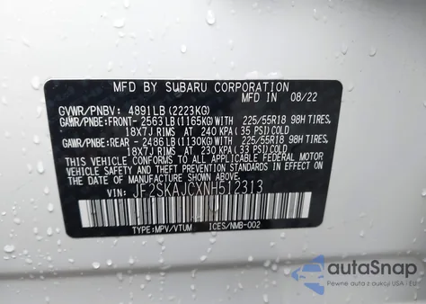 2022 Subaru Forester Sport из США, поврежденный, VIN JF2SKAJCXNH512313